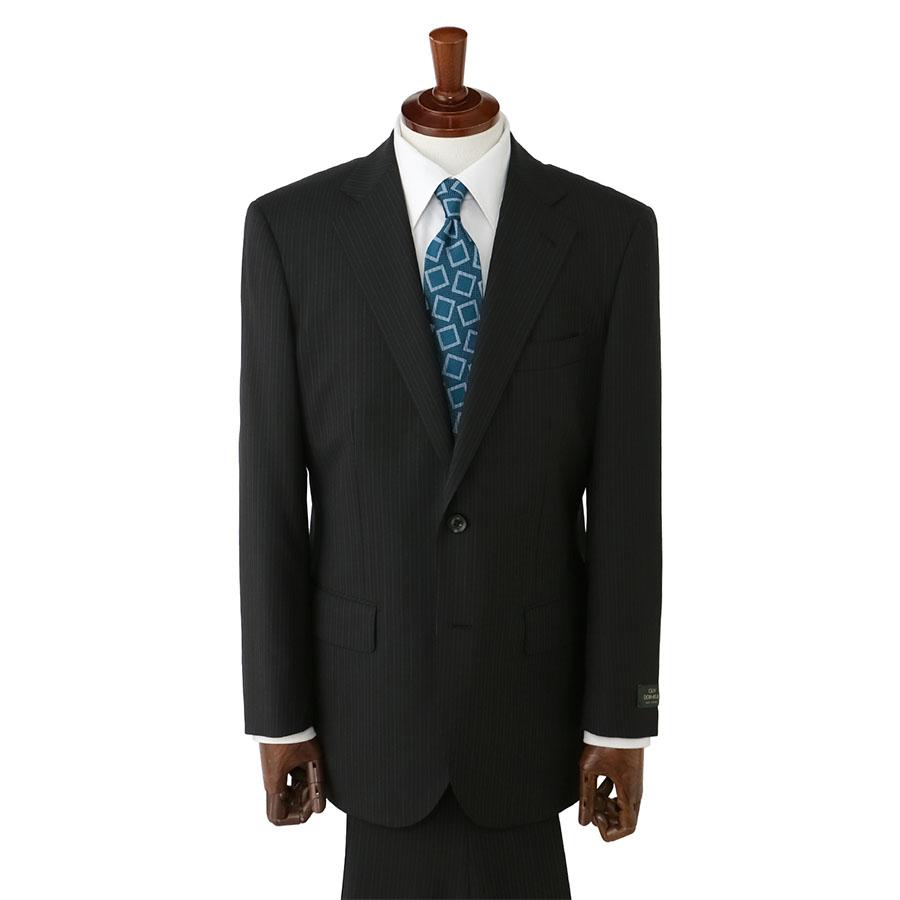 【洋服の青山】DORMEUIL ドーメル ウール100% 本台場 サイドベンツ プレミアム スーツ メンズ ゆったり 春夏 ブラック 黒 ストライプ 大きいサイズ ワンタックの画像