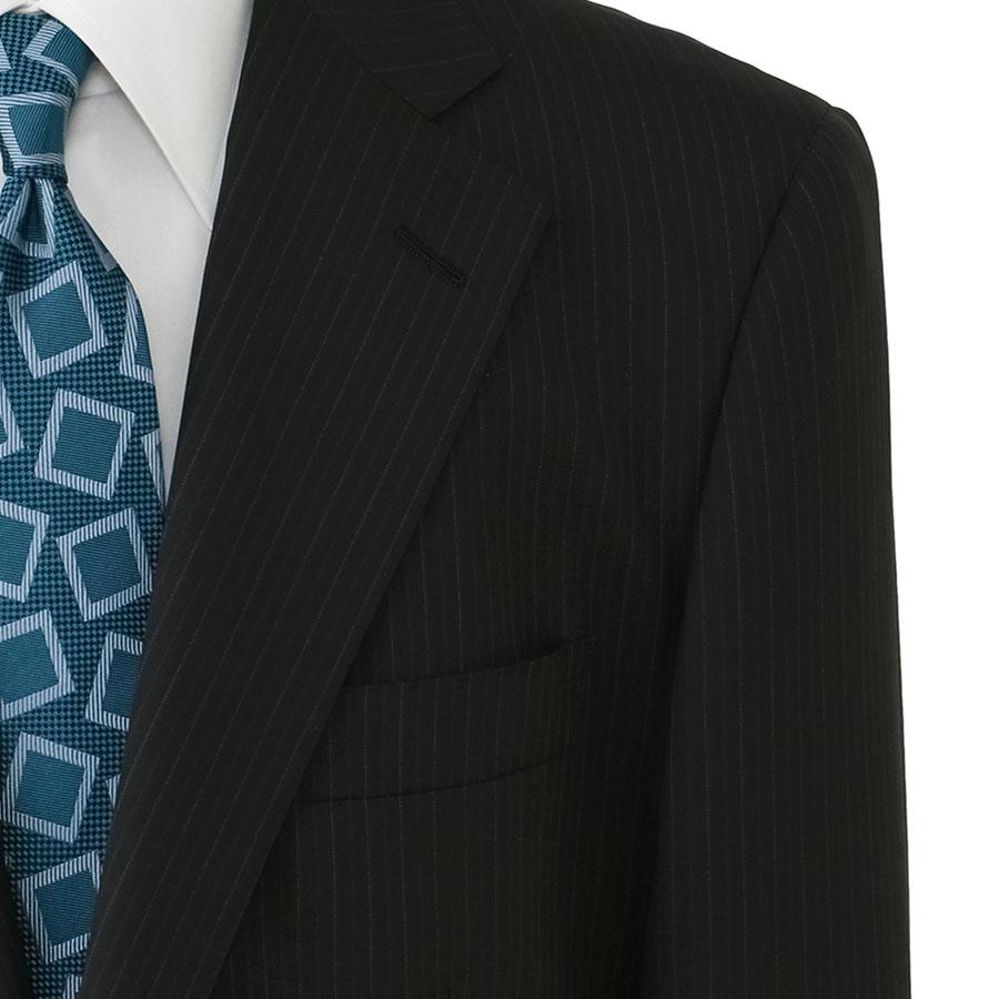 【洋服の青山】DORMEUIL ドーメル ウール100% 本台場 サイドベンツ プレミアム スーツ メンズ ゆったり 春夏 ブラック 黒 ストライプ 大きいサイズ ワンタックの画像
