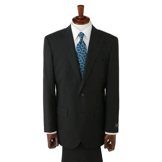 【洋服の青山】DORMEUIL ドーメル ウール100% 本台場 サイドベンツ プレミアム スーツ メンズ ゆったり 春夏 ブラック 黒 ストライプ 大きいサイズ ワンタックの画像