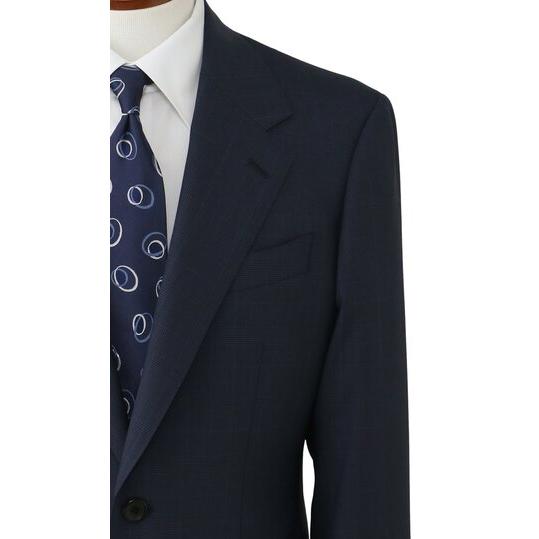 【洋服の青山】グアベロ プレミアム ウール100% GUABELLO スーツ メンズ スリム 春夏 ネイビー チェック 2ボタン 背抜き サイドベンツ 本切羽 本台場 ワンタックの画像