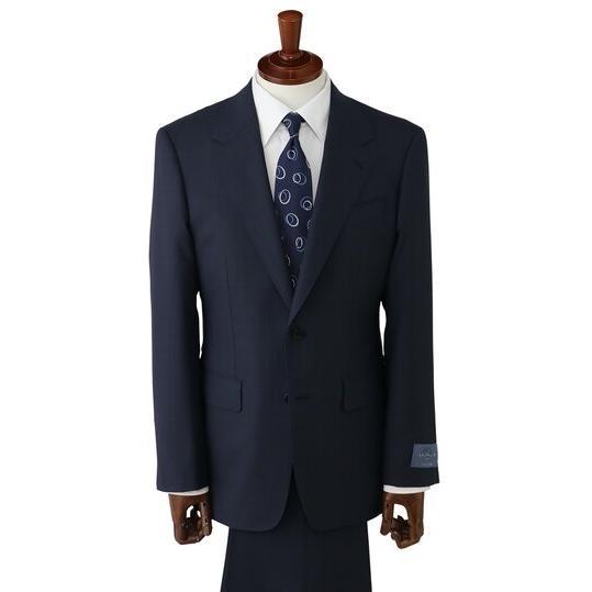 【洋服の青山】グアベロ プレミアム ウール100% GUABELLO スーツ メンズ スリム 春夏 ネイビー チェック 2ボタン 背抜き サイドベンツ 本切羽 本台場 ワンタックの画像