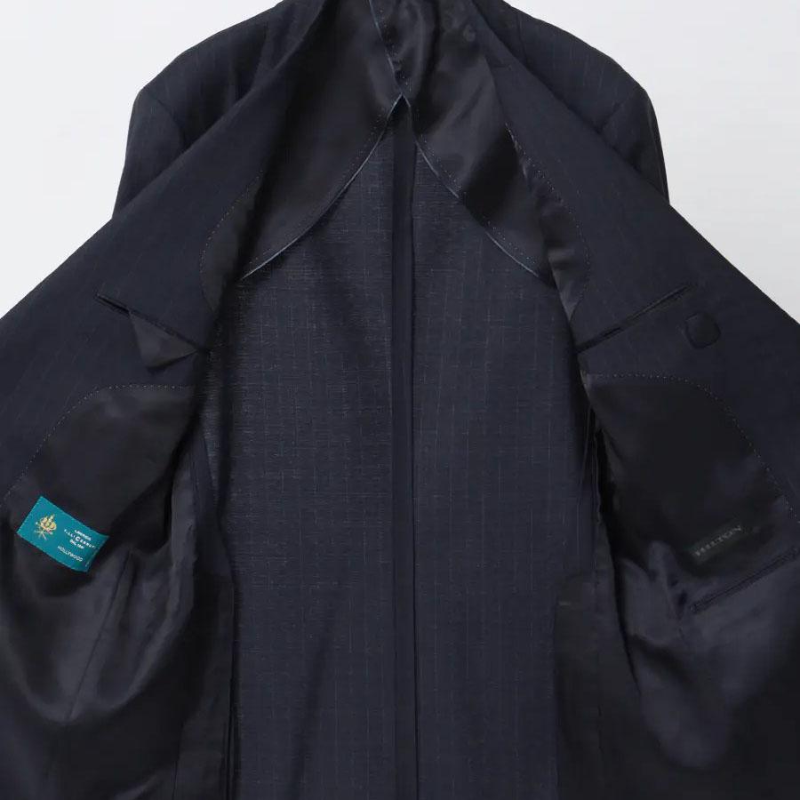 【洋服の青山】CERRUTI ウール100% プレミアム スーツ メンズ 春夏 ネイビー 紺 ストライプ 2ボタン 背抜き 本切羽 サイドベンツ ワンタック ハンドメイドの画像