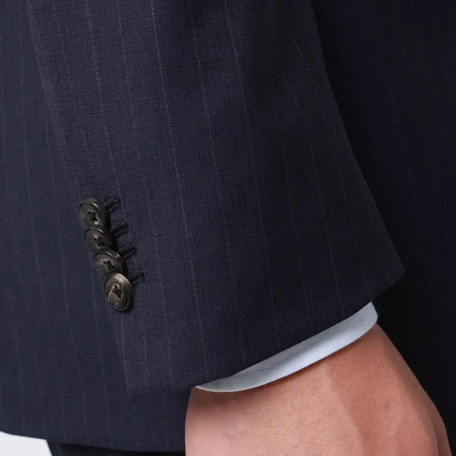 【洋服の青山】CERRUTI ウール100% プレミアム スーツ メンズ 春夏 ネイビー 紺 ストライプ 2ボタン 背抜き 本切羽 サイドベンツ ワンタック ハンドメイドの画像