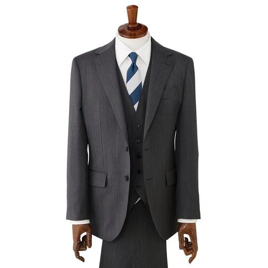 【洋服の青山】ウール100% スリーピース プレミアム スーツ メンズ スリム ベスト付き 春夏秋冬 グレー 灰色 ストライプ Super100's 大きいサイズ 3ピース ジレの画像