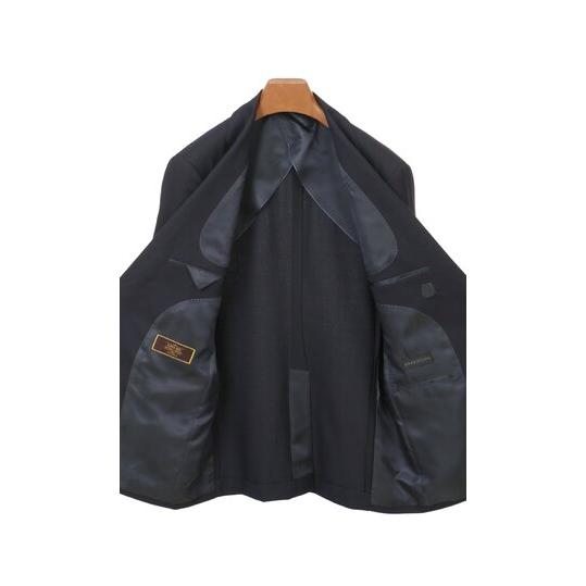 【洋服の青山】ウール100% スリーピース プレミアム スーツ メンズ スリム ベスト付き 春夏秋冬 ネイビー 紺 ストライプ Super100's 大きいサイズ 3ピース ジレの画像