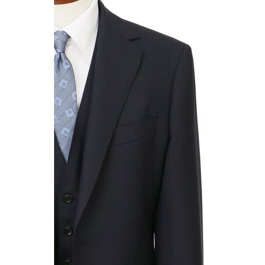 【洋服の青山】ウール100% スリーピース プレミアム スーツ メンズ スリム ベスト付き 春夏秋冬 ネイビー 紺 ストライプ Super100's 大きいサイズ 3ピース ジレの画像