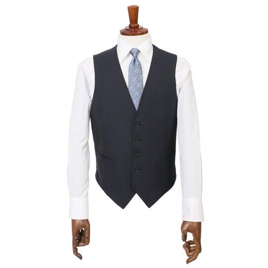 【洋服の青山】ウール100% スリーピース プレミアム スーツ メンズ スリム ベスト付き 春夏秋冬 ネイビー 紺 ストライプ Super100's 大きいサイズ 3ピース ジレの画像