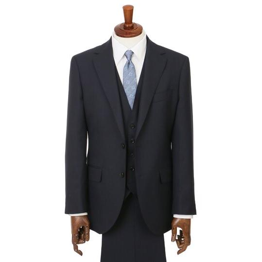 【洋服の青山】ウール100% スリーピース プレミアム スーツ メンズ スリム ベスト付き 春夏秋冬 ネイビー 紺 ストライプ Super100's 大きいサイズ 3ピース ジレの画像