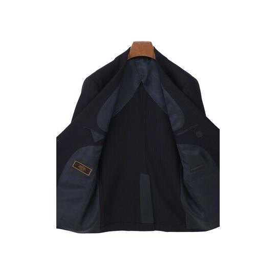 【洋服の青山】スリーピース ベスト付き Super100's ウール100% プレミアム スーツ メンズ スリム 春夏 ネイビー 紺 ストライプ 本台場 本切羽 重ねボタンの画像