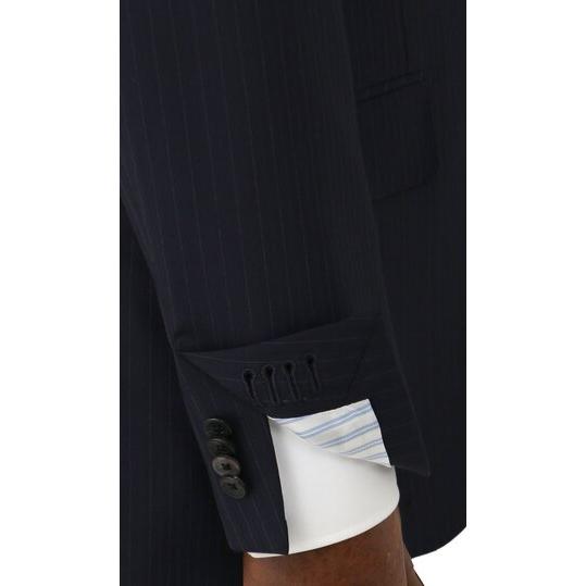【洋服の青山】スリーピース ベスト付き Super100's ウール100% プレミアム スーツ メンズ スリム 春夏 ネイビー 紺 ストライプ 本台場 本切羽 重ねボタンの画像