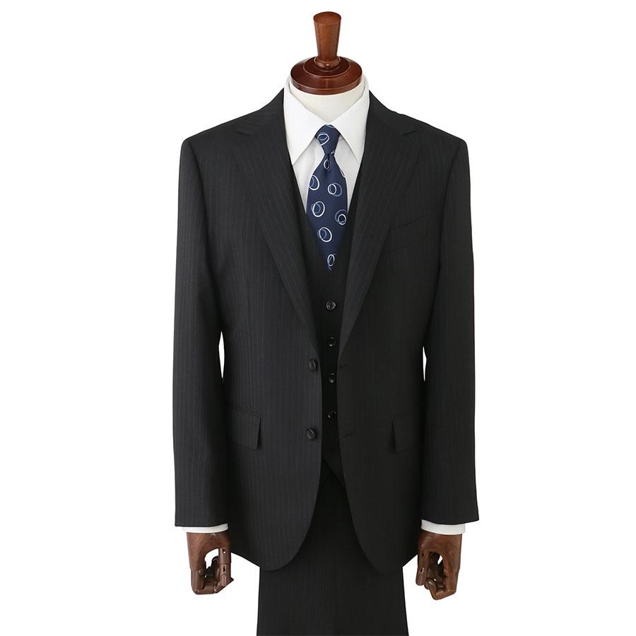 【洋服の青山】スリーピース ベスト付き Super100's ウール100% プレミアム スーツ メンズ スリム 春夏 グレー 灰色 ストライプ 本台場 本切羽 重ねボタンの画像