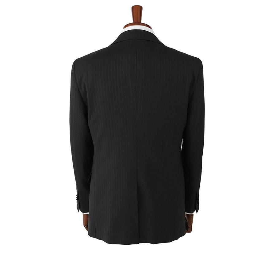 【洋服の青山】スリーピース ベスト付き Super100's ウール100% プレミアム スーツ メンズ スリム 春夏 グレー 灰色 ストライプ 本台場 本切羽 重ねボタンの画像