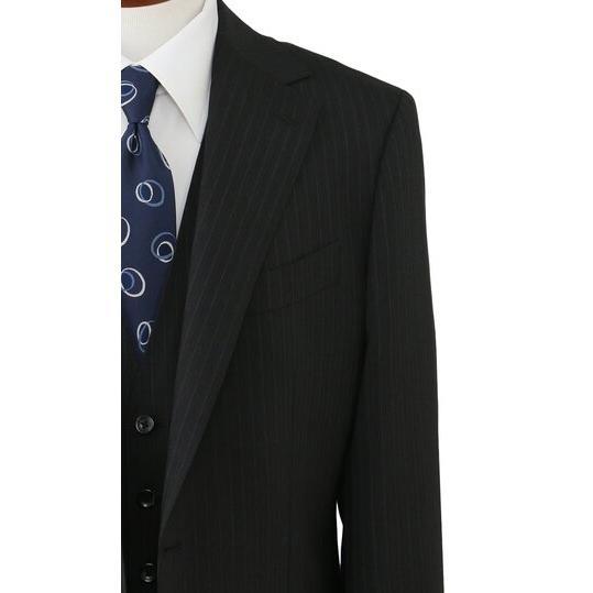 【洋服の青山】スリーピース ベスト付き Super100's ウール100% プレミアム スーツ メンズ スリム 春夏 グレー 灰色 ストライプ 本台場 本切羽 重ねボタンの画像