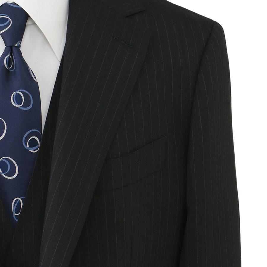 【洋服の青山】スリーピース ベスト付き Super100's ウール100% プレミアム スーツ メンズ スリム 春夏 グレー 灰色 ストライプ 本台場 本切羽 重ねボタンの画像