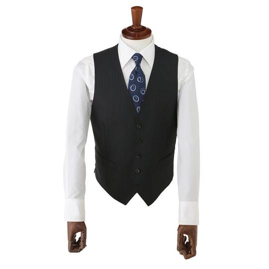 【洋服の青山】スリーピース ベスト付き Super100's ウール100% プレミアム スーツ メンズ スリム 春夏 グレー 灰色 ストライプ 本台場 本切羽 重ねボタンの画像