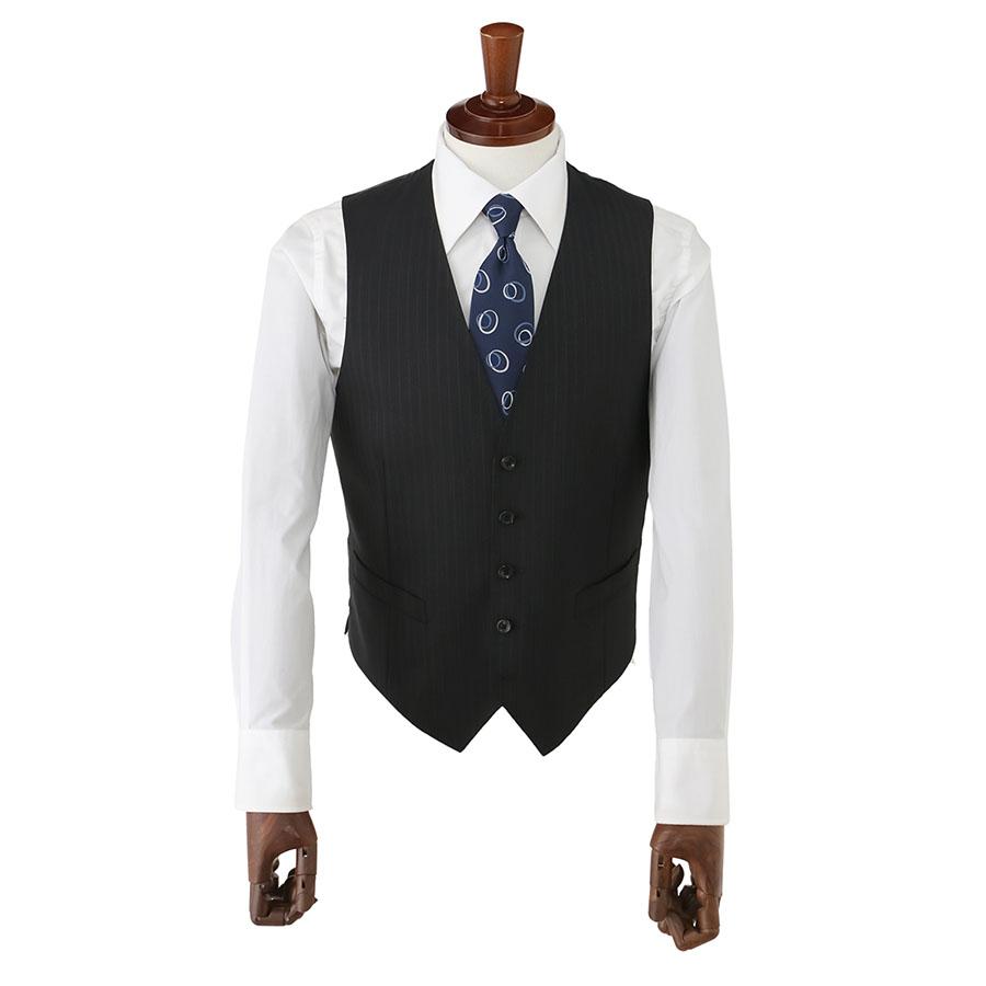 【洋服の青山】スリーピース ベスト付き Super100's ウール100% プレミアム スーツ メンズ スリム 春夏 グレー 灰色 ストライプ 本台場 本切羽 重ねボタンの画像