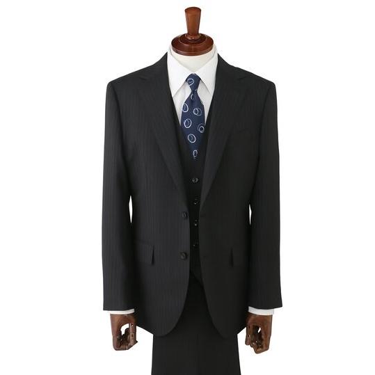 【洋服の青山】スリーピース ベスト付き Super100's ウール100% プレミアム スーツ メンズ スリム 春夏 グレー 灰色 ストライプ 本台場 本切羽 重ねボタンの画像
