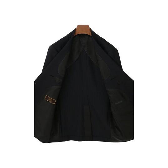 【洋服の青山】スリーピース ベスト付き Super100's ウール100% プレミアム スーツ メンズ スリム 春夏 ブラック 黒 ストライプ 本台場 本切羽 重ねボタンの画像