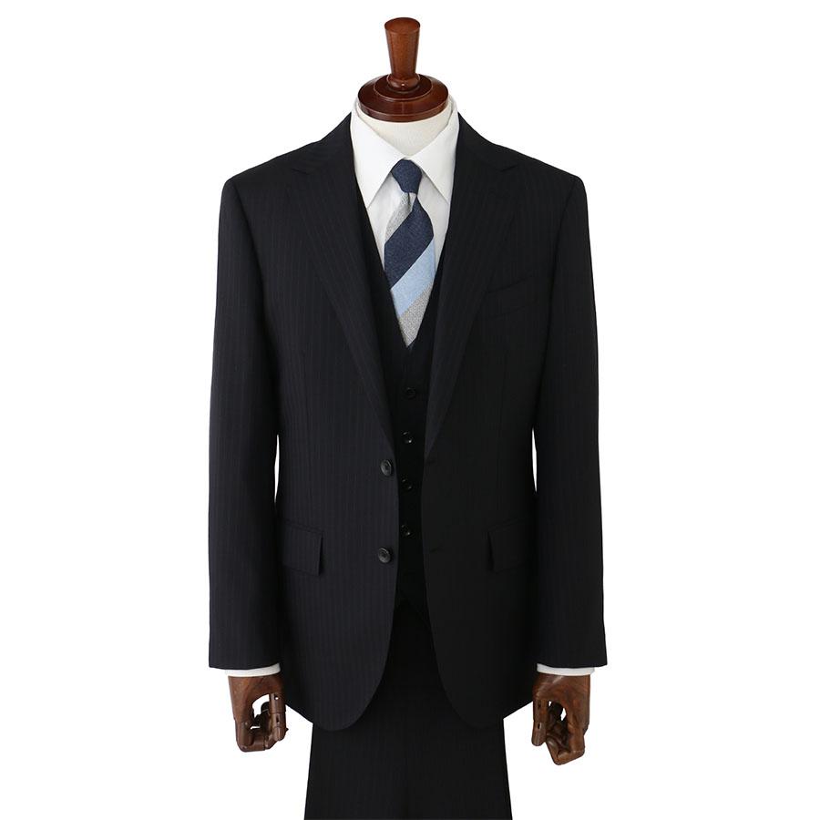 【洋服の青山】スリーピース ベスト付き Super100's ウール100% プレミアム スーツ メンズ スリム 春夏 ブラック 黒 ストライプ 本台場 本切羽 重ねボタンの画像