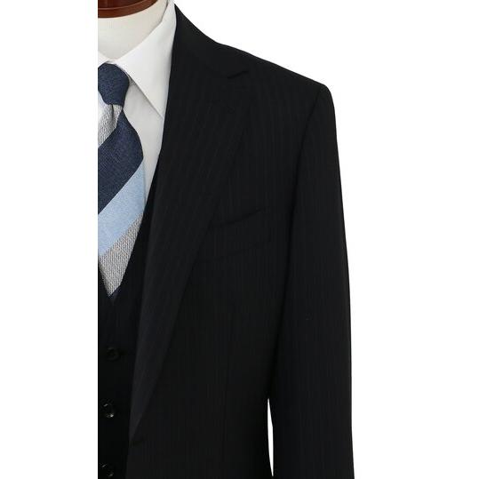 【洋服の青山】スリーピース ベスト付き Super100's ウール100% プレミアム スーツ メンズ スリム 春夏 ブラック 黒 ストライプ 本台場 本切羽 重ねボタンの画像
