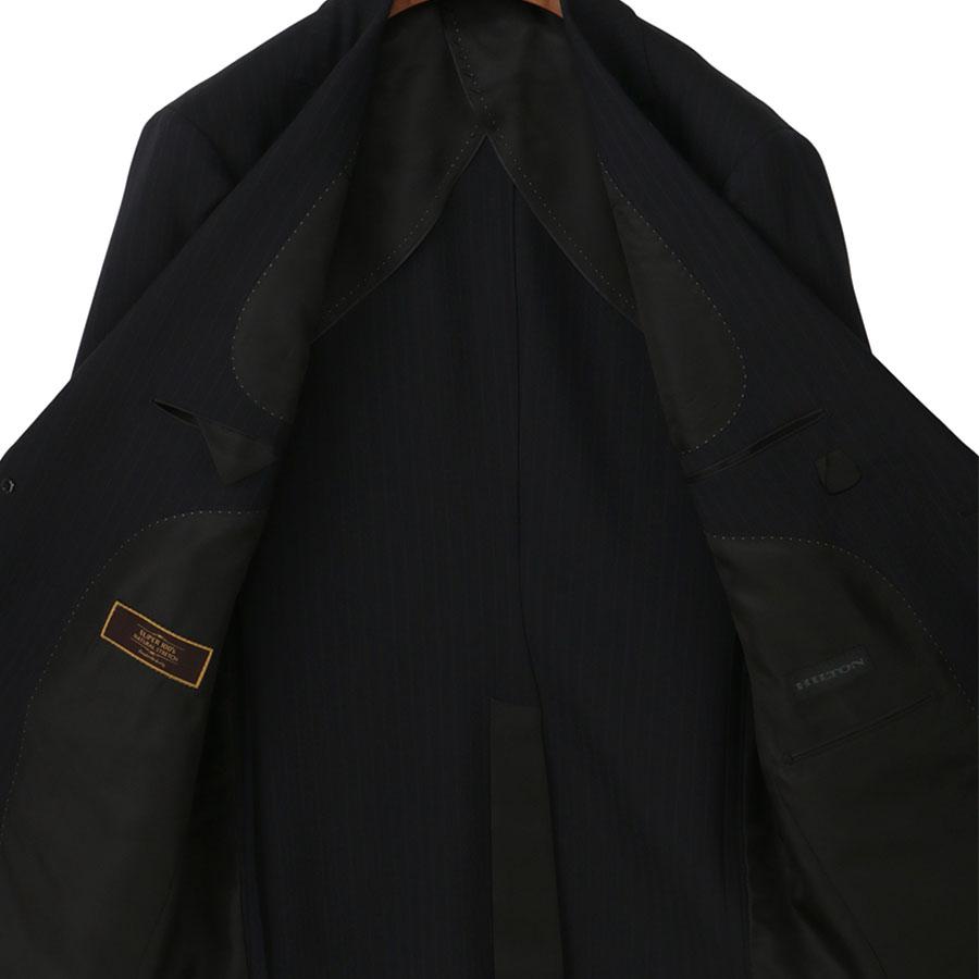 【洋服の青山】スリーピース ベスト付き Super100's ウール100% プレミアム スーツ メンズ スリム 春夏 ブラック 黒 ストライプ 本台場 本切羽 重ねボタンの画像