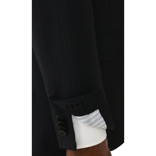 【洋服の青山】スリーピース ベスト付き Super100's ウール100% プレミアム スーツ メンズ スリム 春夏 ブラック 黒 ストライプ 本台場 本切羽 重ねボタンの画像