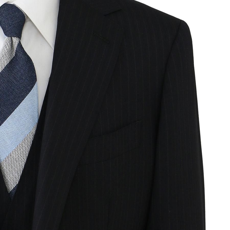 【洋服の青山】スリーピース ベスト付き Super100's ウール100% プレミアム スーツ メンズ スリム 春夏 ブラック 黒 ストライプ 本台場 本切羽 重ねボタンの画像