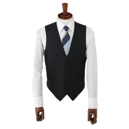 【洋服の青山】スリーピース ベスト付き Super100's ウール100% プレミアム スーツ メンズ スリム 春夏 ブラック 黒 ストライプ 本台場 本切羽 重ねボタンの画像