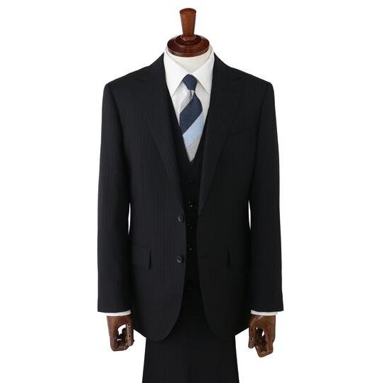 【洋服の青山】スリーピース ベスト付き Super100's ウール100% プレミアム スーツ メンズ スリム 春夏 ブラック 黒 ストライプ 本台場 本切羽 重ねボタンの画像