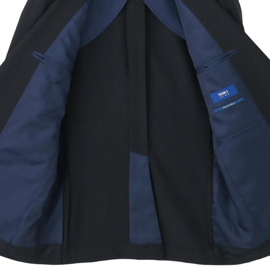 【洋服の青山】ツーパンツ パンツ2本付き 肩くるしくないスーツ メンズ スリム 春夏 ネイビー 紺 ストライプ 疲れにくい シングル 2ボタン 洗える ストレッチの画像
