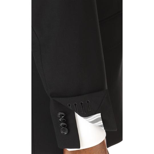 【洋服の青山】濃染加工 礼服 メンズ スリム 秋冬用 ウール100% シングル 2ボタン 総裏 センターベント アジャスター付き ブラックフォーマルの画像