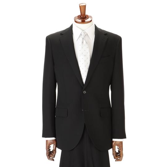 【洋服の青山】濃染加工 礼服 メンズ スリム 秋冬用 ウール100% シングル 2ボタン 総裏 センターベント アジャスター付き ブラックフォーマルの画像