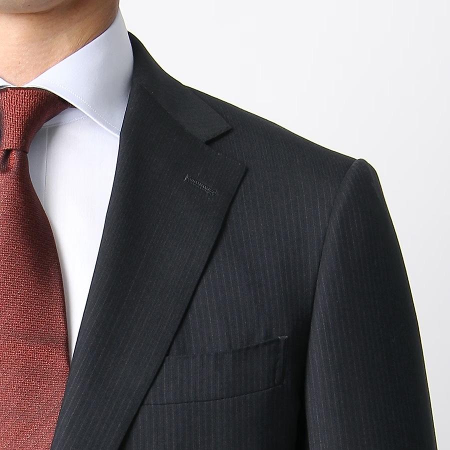 【洋服の青山】ウール100％ プレミアム スーツ メンズ スリム 春夏 ネイビー 紺 ストライプ ストレッチ 動きやすい 吸湿 静電気抑制 ノータック 背抜き 男性の画像