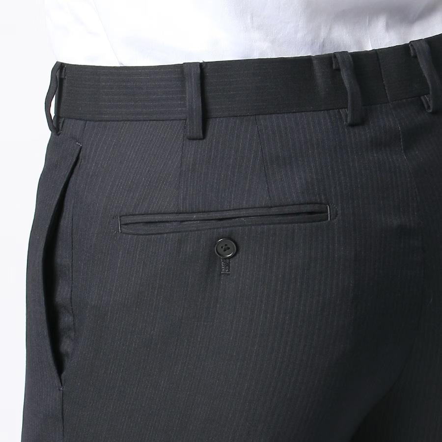 【洋服の青山】ウール100％ プレミアム スーツ メンズ スリム 春夏 ネイビー 紺 ストライプ ストレッチ 動きやすい 吸湿 静電気抑制 ノータック 背抜き 男性の画像