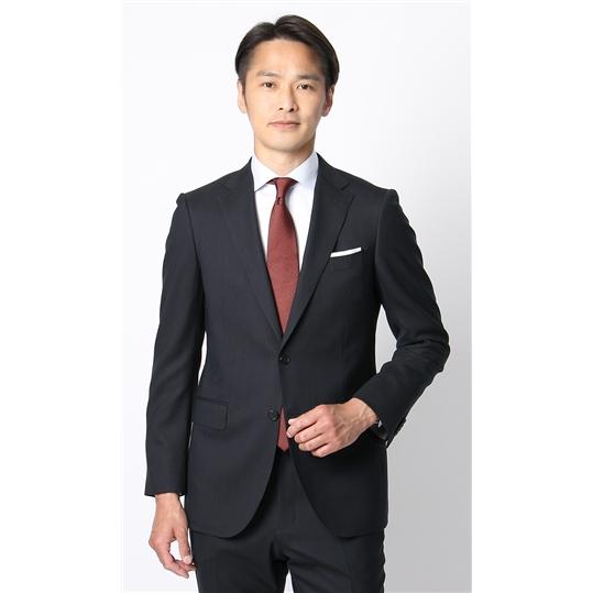 【洋服の青山】ウール100％ プレミアム スーツ メンズ スリム 春夏 ネイビー 紺 ストライプ ストレッチ 動きやすい 吸湿 静電気抑制 ノータック 背抜き 男性の画像