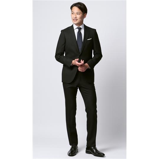 【洋服の青山】プレミアム スーツ メンズ ウール100％ 無地 スタイリッシュ 細身体 スリム 2つボタン ZQメリノウール ブラック 黒 春夏 ノータック 伸縮 吸湿の画像