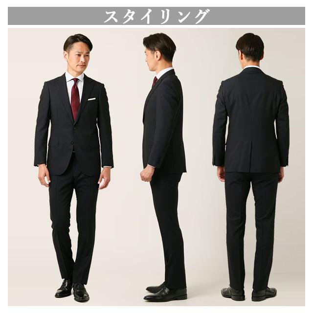【洋服の青山】プレミアム ZQメリノウール スタイリッシュ スーツ メンズ 男性 紳士服 シングル 春夏 ネイビー 紺 ストライプ 吸湿 静電気抑制 背抜きの画像