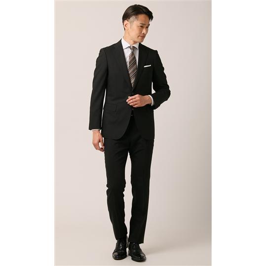 【洋服の青山】プレミアム  ZQメリノウール スタイリッシュ スーツ メンズ 春夏 ブラック 黒 ストライプ 背抜き 本台場 脇当て 本切羽 ビジネス スリム HILTONの画像