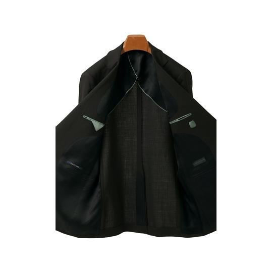 【洋服の青山】プレミアム  ZQメリノウール スタイリッシュ スーツ メンズ 春夏 ブラック 黒 ストライプ 背抜き 本台場 脇当て 本切羽 ビジネス スリム HILTONの画像