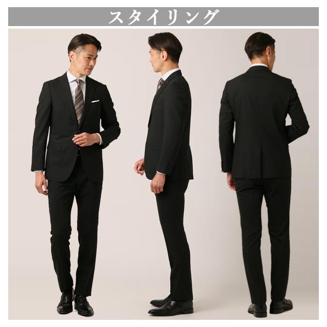【洋服の青山】プレミアム  ZQメリノウール スタイリッシュ スーツ メンズ 春夏 ブラック 黒 ストライプ 背抜き 本台場 脇当て 本切羽 ビジネス スリム HILTONの画像