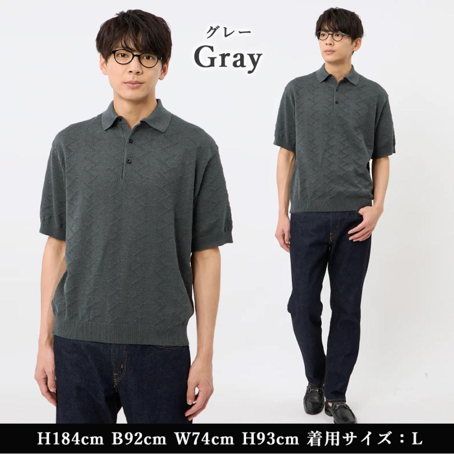 AOYAMA 【洋服の青山】ニットポロシャツ 春夏 グレー ジグザグパターン