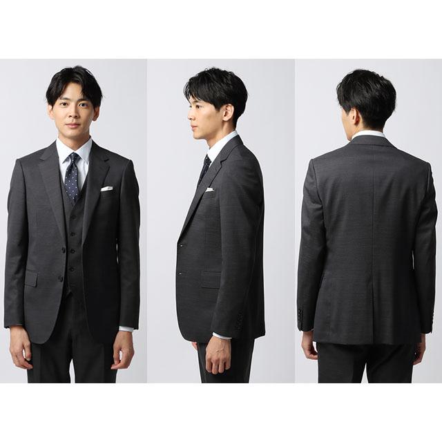 【洋服の青山】3ピース スーツ メンズ スリム 秋冬 グレー 灰色 無地  スリーピース ベスト付き シングル 2ボタン ストレッチ 動きやすい ビジネス 通勤 出勤の画像