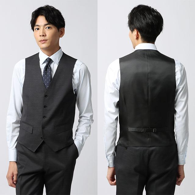 【洋服の青山】3ピース スーツ メンズ スリム 秋冬 グレー 灰色 無地  スリーピース ベスト付き シングル 2ボタン ストレッチ 動きやすい ビジネス 通勤 出勤の画像
