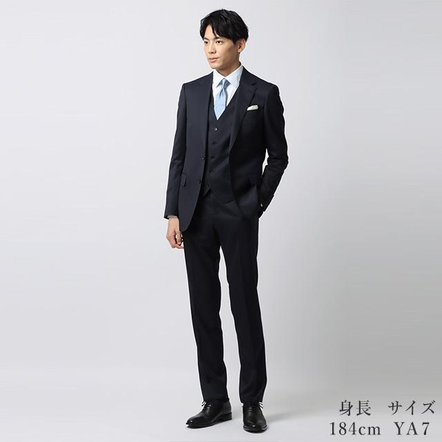 【洋服の青山】3ピース スーツ メンズ スリム 秋冬 ネイビー ストライプ スリーピース ベスト付き シングル 2ボタン 背抜き ノータック ストレッチ 動きやすいの画像