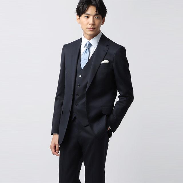 【洋服の青山】3ピース スーツ メンズ スリム 秋冬 ネイビー ストライプ スリーピース ベスト付き シングル 2ボタン 背抜き ノータック ストレッチ 動きやすいの画像