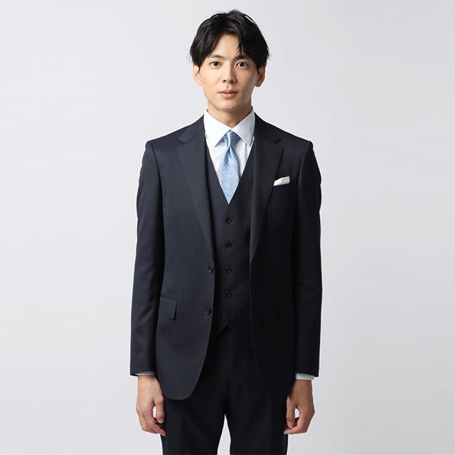 【洋服の青山】3ピース スーツ メンズ スリム 秋冬 ネイビー ストライプ スリーピース ベスト付き シングル 2ボタン 背抜き ノータック ストレッチ 動きやすいの画像