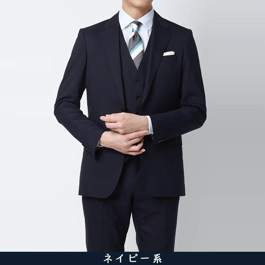【洋服の青山】スリーピース ベスト付き スーツ ノータック メンズ スタイリッシュ 春夏秋冬 ネイビー 紺 ストライプ 大きいサイズ 3ピース ストレッチ 動けるの画像