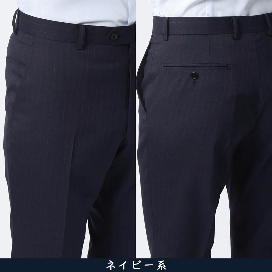 【洋服の青山】スリーピース ベスト付き スーツ ノータック メンズ スタイリッシュ 春夏秋冬 ネイビー 紺 ストライプ 大きいサイズ 3ピース ストレッチ 動けるの画像
