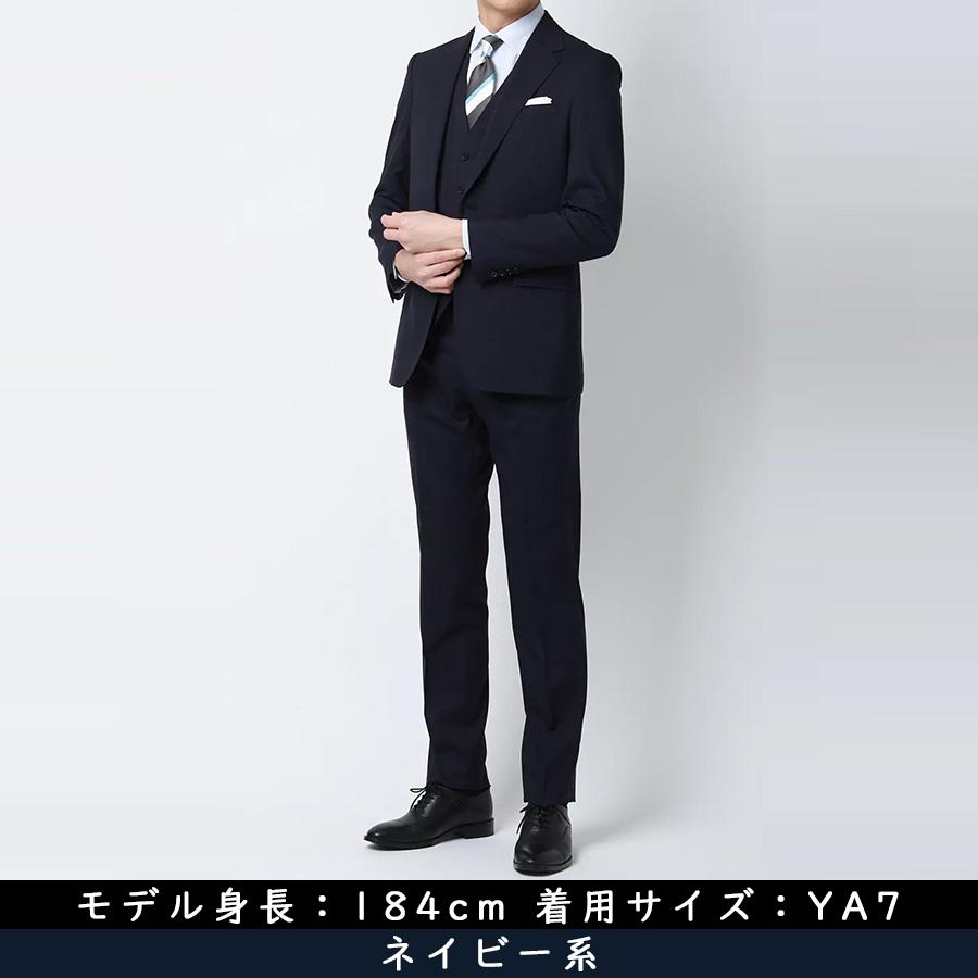【洋服の青山】スリーピース ベスト付き スーツ ノータック メンズ スタイリッシュ 春夏秋冬 ネイビー 紺 ストライプ 大きいサイズ 3ピース ストレッチ 動けるの画像