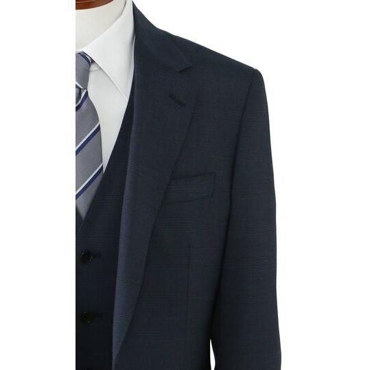 【洋服の青山】スリーピース ベスト付き スーツ メンズ スリム 春夏 ブルー グレンチェック 大きいサイズ 2ボタン 背抜き ノータック ストレッチ 動きやすいの画像